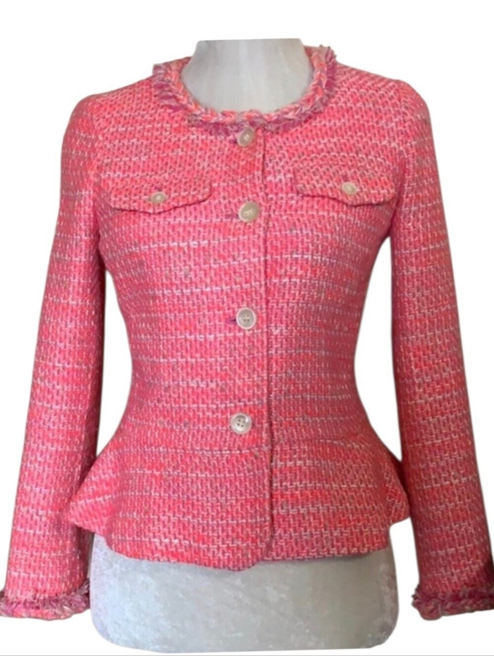 J.Crew Hot Pink Barbiecore Cotton Jacket Tweed Peplum Fringe Blazer Sz. 10